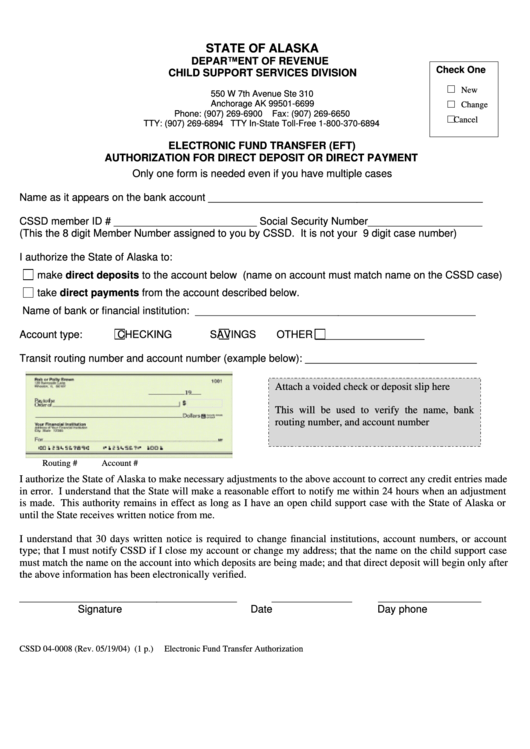 Form Cssd 04-0008 - Electronic Fund Transfer (Eft) Authorization For Direct Deposit Or Direct Payment - State Of Alaska Printable pdf