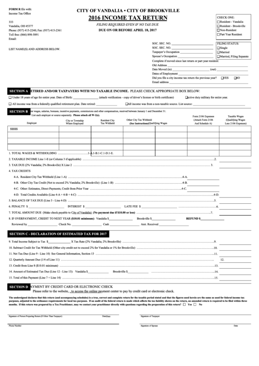 Income Tax Return Form - City Of Vandalia - City Of Brookville - 2016 Printable pdf
