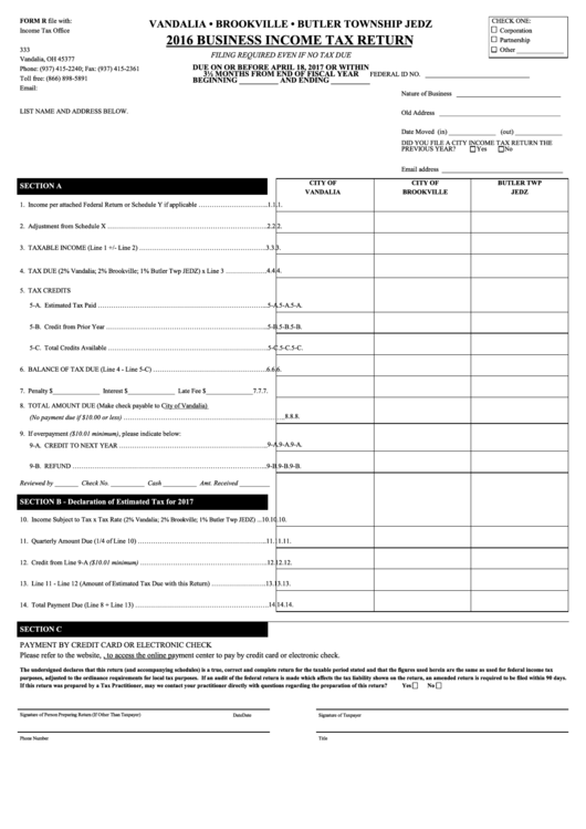 Form R - Business Income Tax Return - 2016 Printable pdf