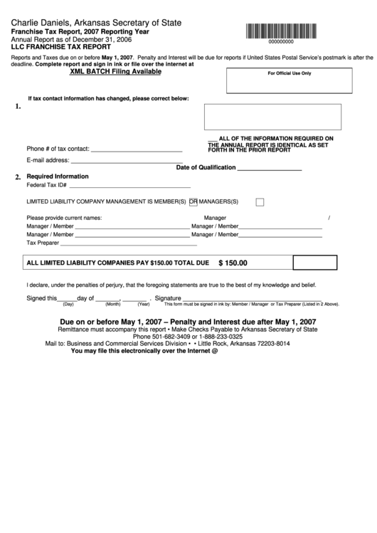 Llc Franchise Tax Report Form - Arkansas Secretary Of State - 2007 Printable pdf
