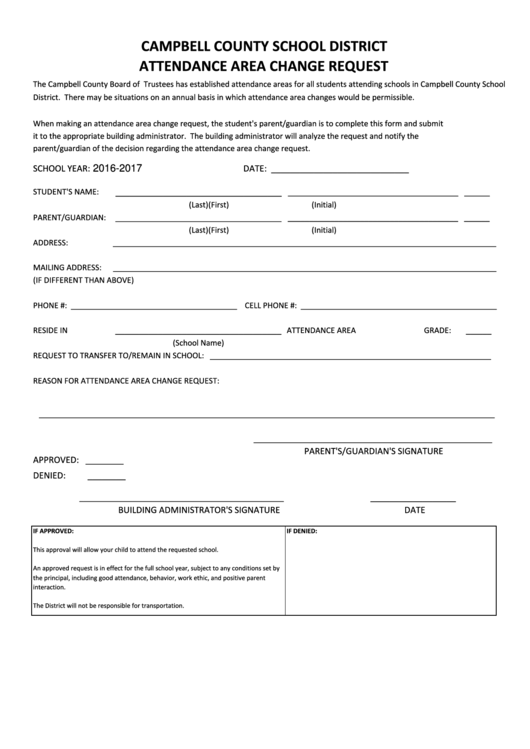 Fillable Attendance Area Change Request Form Printable pdf