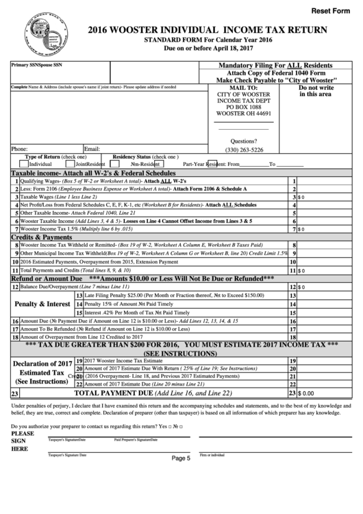 Fillable Wooster Individual Income Tax Return Form - 2016 Printable pdf