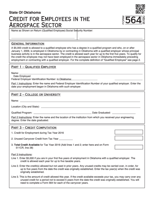 Fillable Form 564 - Credit For Employees In The Aerospace Sector - 2016 Printable pdf