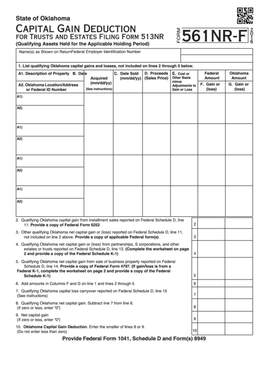 Fillable Form 561nr-F - Capital Gain Deduction For Trusts And Estates - 2016 Printable pdf