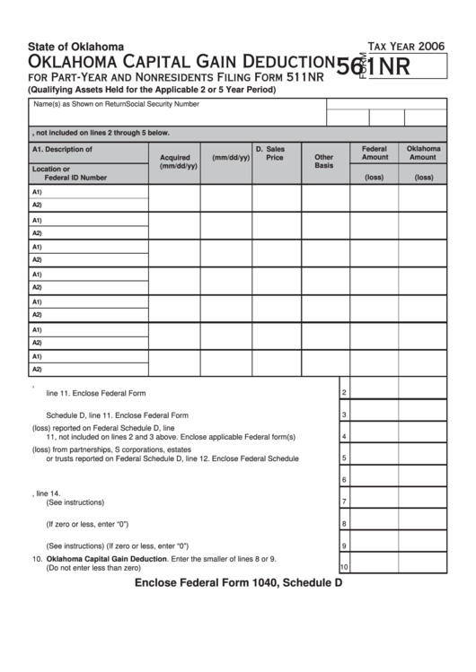 Fillable Form 561nr - Oklahoma Capital Gain Deduction - 2006 Printable pdf