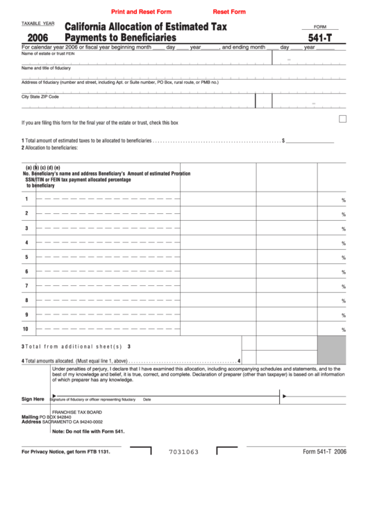 Fillable Form 541-T - California Allocation Of Estimated Tax Payments To Beneficiaries - 2006 Printable pdf