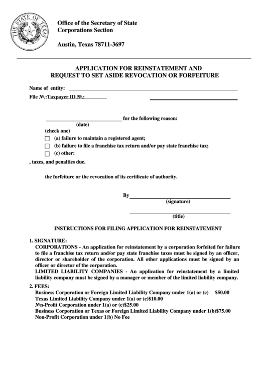 Form 801 - Application For Reinstatement And Request To Set Aside Revocation Or Forfeiture Printable pdf