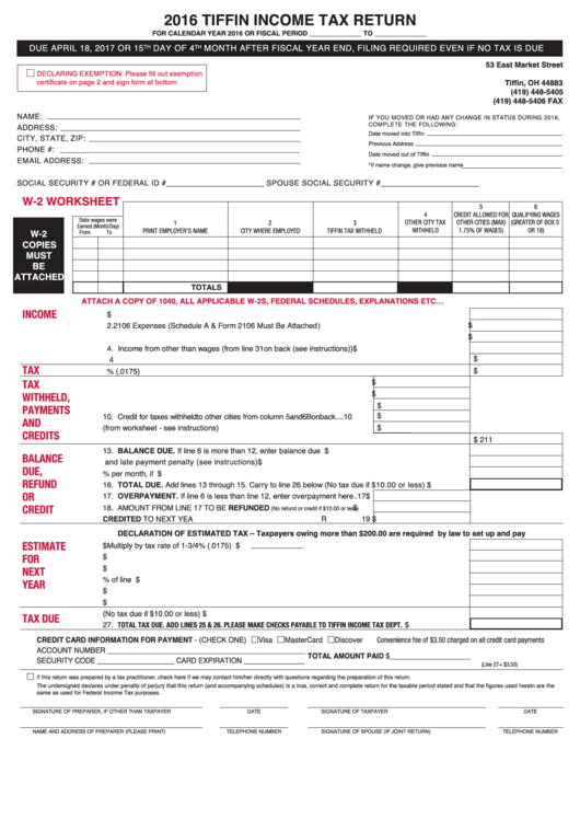 Tiffin Income Tax Return Form - 2016 Printable pdf