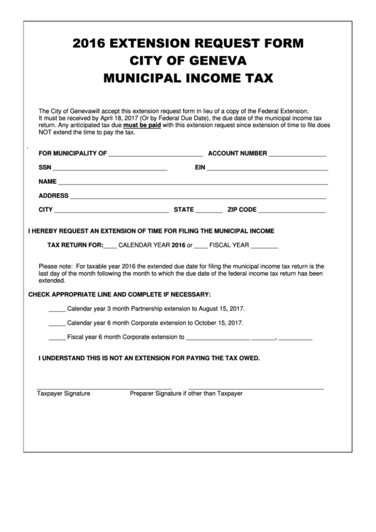 Extension Request Form - City Of Geneva Municipal Income Tax - 2016 Printable pdf