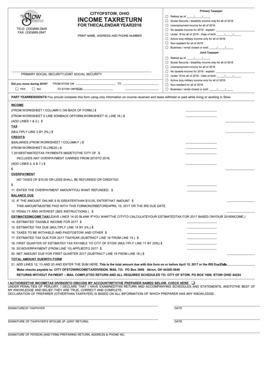 Income Tax Return Form - City Of Stow, Ohio Printable pdf