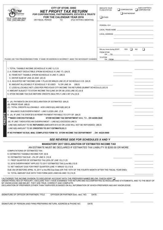 Net Profit Tax Return Form - City Of Stow, Ohio - 2016 Printable pdf
