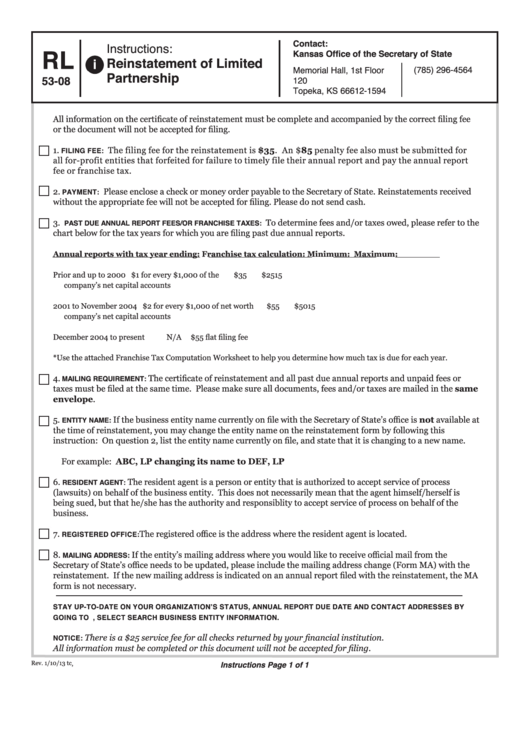 Form Rl 53-08 - Instructions: Reinstatement Of Limited Partnership - 2013 Printable pdf