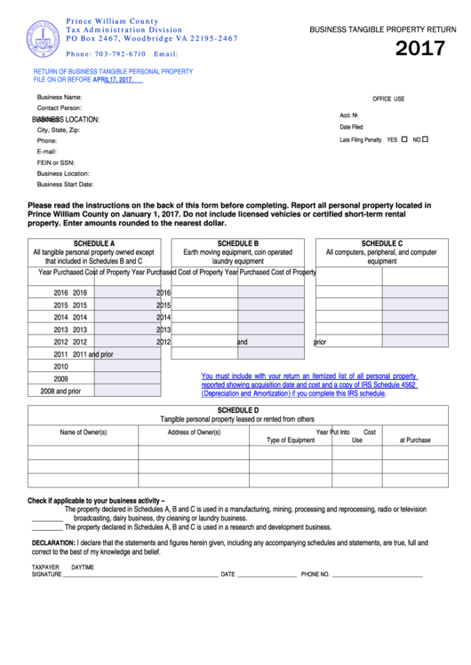 Business Tangible Property Return - Prince William County Tax Administration Division - 2017 Printable pdf