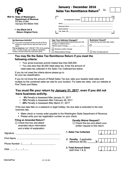Sales Tax Remittance Return Form - State Of Washington Department Of Revenue - 2016 Printable pdf
