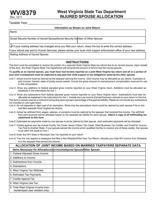 Form Wv/8379 - Injured Spouse Allocation - State Of West Virginia Printable pdf