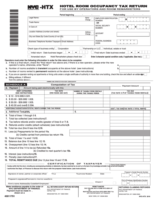 Form Nyc-Htx - Hotel Room Occupancy Tax Return - 2016 Printable pdf
