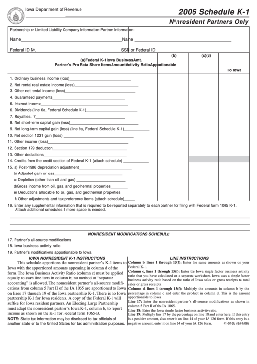 Form Ia 1065 - Schedule K-1 - Nonresident Partners Only - 2006 Printable pdf