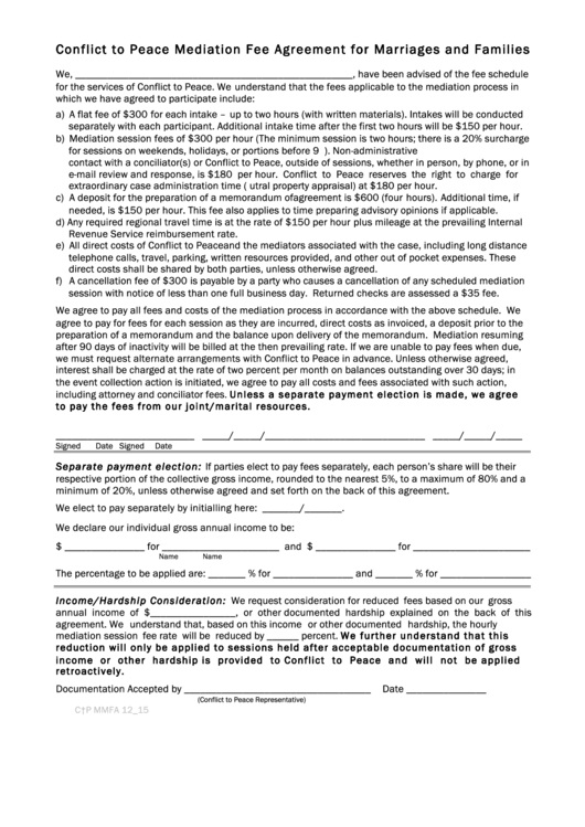 Conflict To Peace Mediation Fee Agreement For Marriages And Families Form Printable pdf