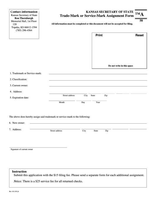 Fillable Form Tma 58 - Trade-Mark Or Service-Mark Assignment Form Printable pdf