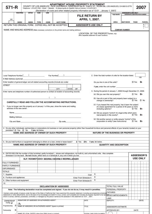 Form 571-R - Apartment House Property Statement - 2007 Printable pdf