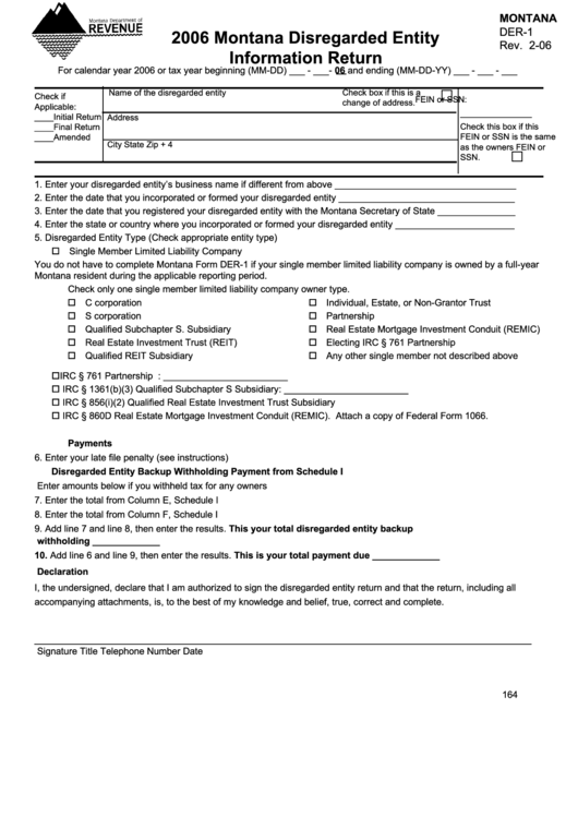 Form Der-1 - Montana Disregarded Entity Information Return - State Of Montana 2006 Printable pdf