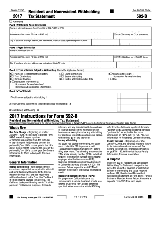 Fillable California Form 592-B - Resident And Nonresident Withholding Tax Statement - 2017 Printable pdf