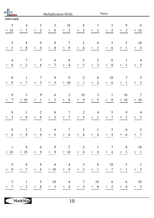 Multiplication Drills - Math Worksheet With Answer Key Printable pdf