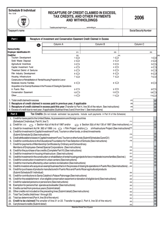 Schedule B Individual - Recapture Of Credit Claimed In Excess, Tax Credits, And Other Payments And Withholdings - 2006 Printable pdf