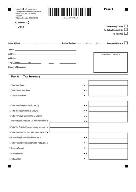 Fillable Form St-3 - Sales And Use Tax Return - 2013 Printable pdf