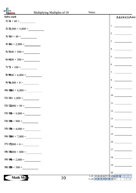 Multiplying Multiples Of 10 Worksheet With Answer Key Printable pdf