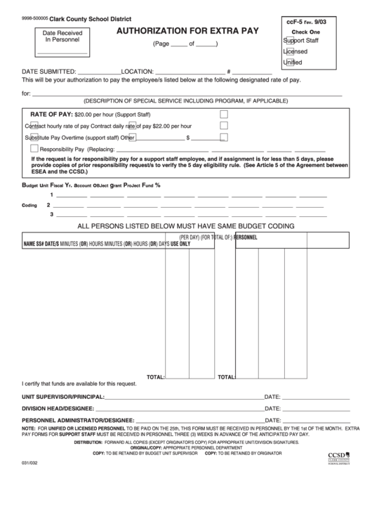 Fillable Form Ccf-5 - Authorization For Extra Pay Printable pdf
