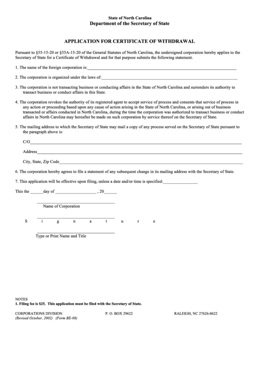 Fillable Form Be-08 - Application For Certificate Of Withdrawal - 2002 Printable pdf