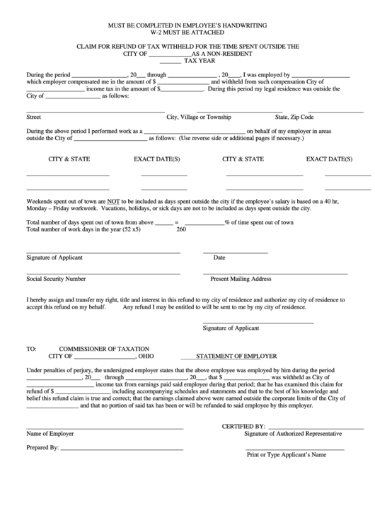 Form W-2 - Claim For Refund Of Tax Withheld For The Time Spent Outside The City Printable pdf