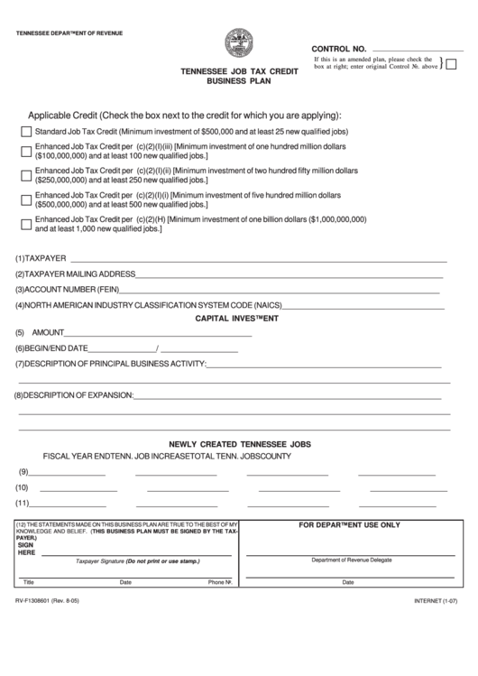 Form Rv-F1308601 - Tennessee Job Tax Credit Business Plan Printable pdf
