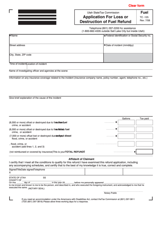 Fillable Form Tc-125 - Application For Loss Or Destruction Of Fuel Refund Printable pdf