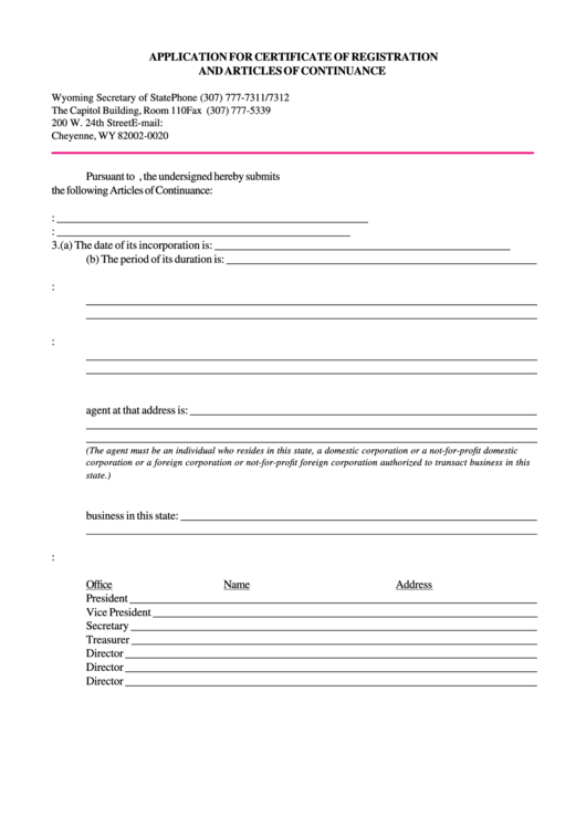Application For Certificate Of Registration And Articles Of Continuance Form - 2003 Printable pdf