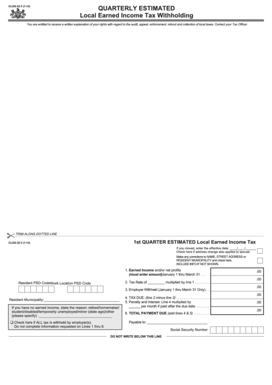 Fillable Form Clgs-32-3 - Quarterly Local Earned Income Tax Withholding - 2013 Printable pdf