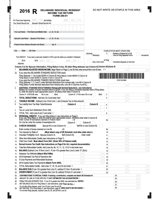 Fillable Form 200-01 - Delaware Individual Resident Income Tax Return Printable pdf