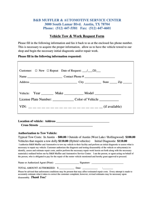 Vehicle Tow And Work Request Form Printable pdf