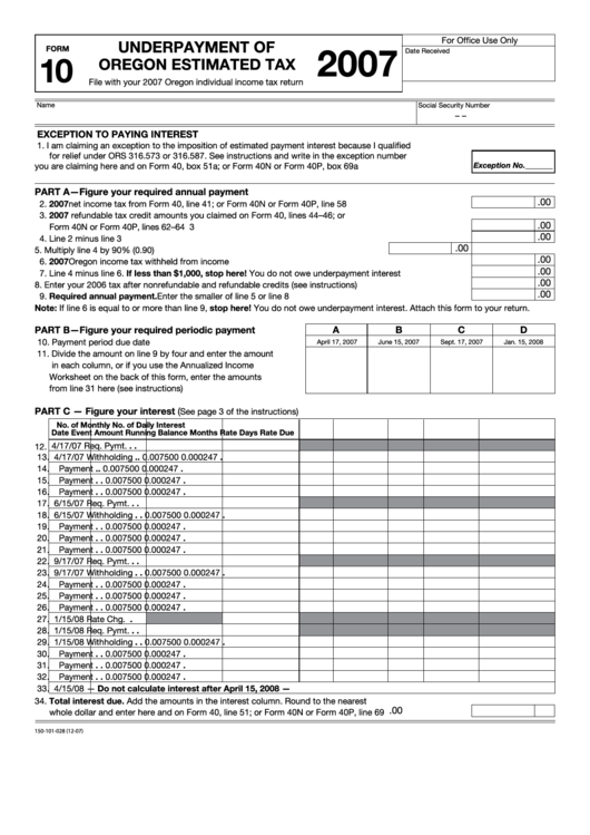 Fillable Form 10 - Underpayment Of Oregon Estimated Tax - 2007 Printable pdf