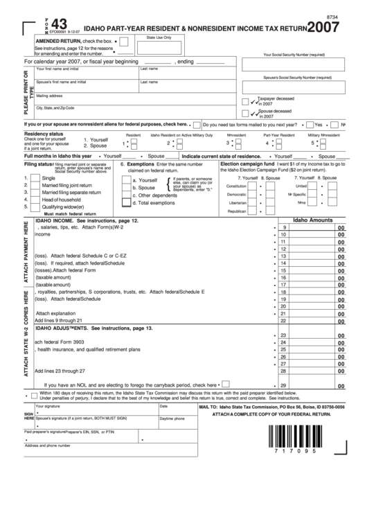 Fillable Form 43 - Idaho Part-Year Resident & Nonresident Income Tax Return 2007 Printable pdf