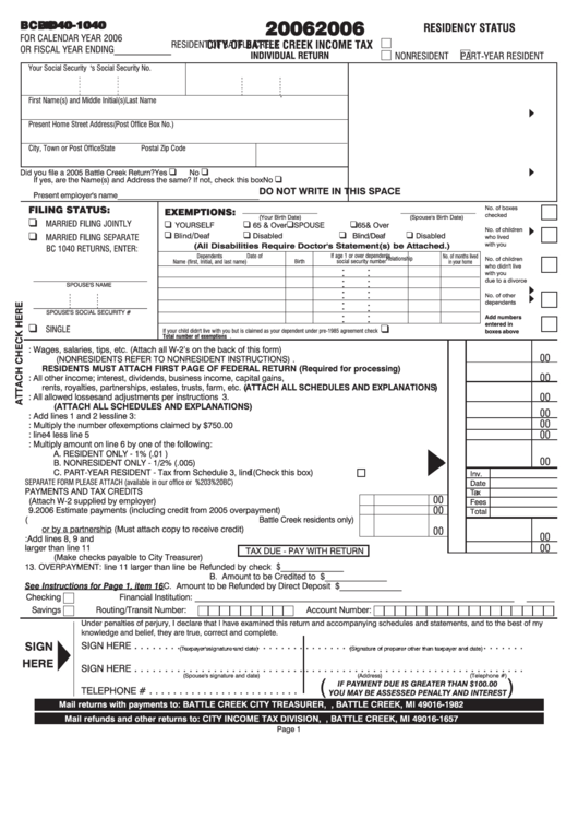 Form Bc-1040 - City Of Battle Creek Income Tax Individual Return - 2006 Printable pdf
