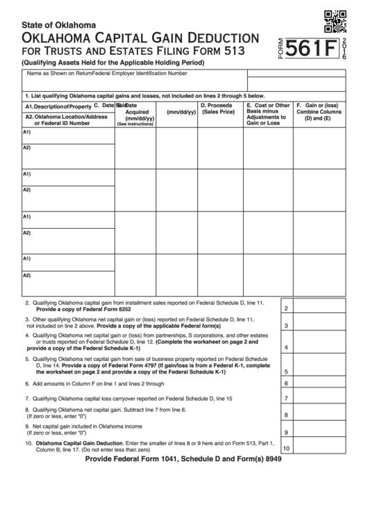 Fillable Form 561f - Oklahoma Capital Gain Deduction For Trusts And Estates - 2016 Printable pdf
