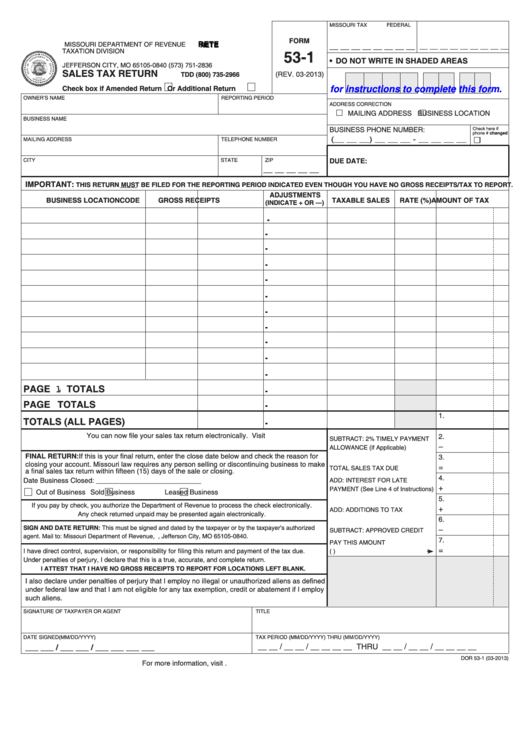 Fillable Form 53-1 - Sales Tax Return - 2013 Printable pdf