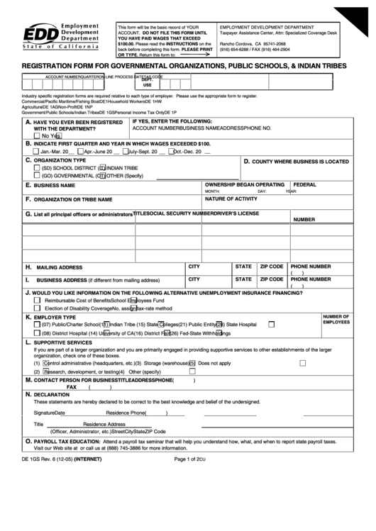 Fillable Form De 1gs - Registration Form For Governmental Organizations, Public Schools, And Indian Tribes Printable pdf