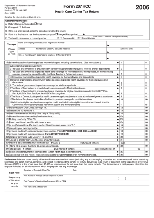 Form 207 Hcc - Health Care Center Tax Return - 2006 Printable pdf