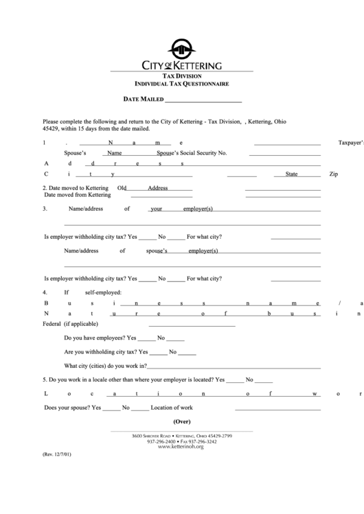 Form Tx-3001b-Tj - Individual Tax Questionnaire Printable pdf
