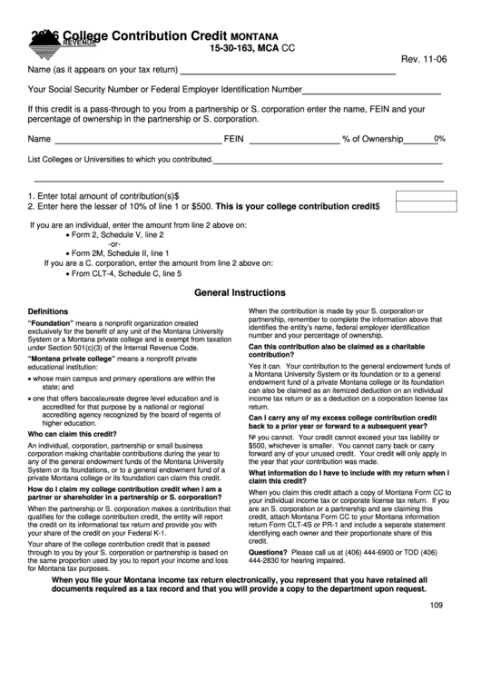 Fillable Montana Form Cc - College Contribution Credit - 2006 Printable pdf