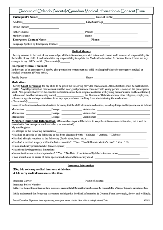 Parental/guardian Medical Information And Consent Form Printable pdf