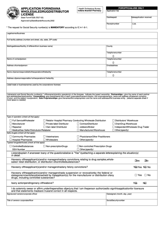 State Form 47228 - Application For Indiana Wholesale Drug Distributor License Printable pdf
